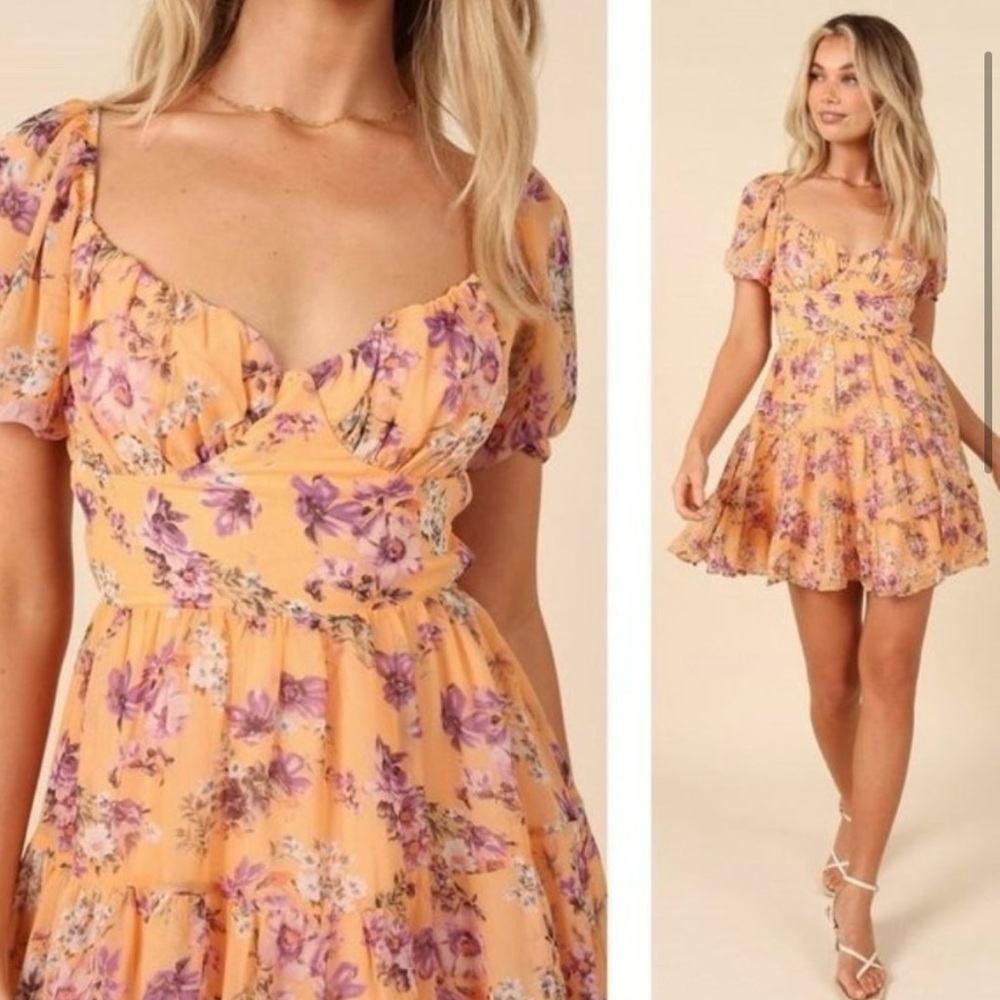 Petal & Pup NEW Cora Floral Sweetheart Ruffle Mini Dress in Orange Pink